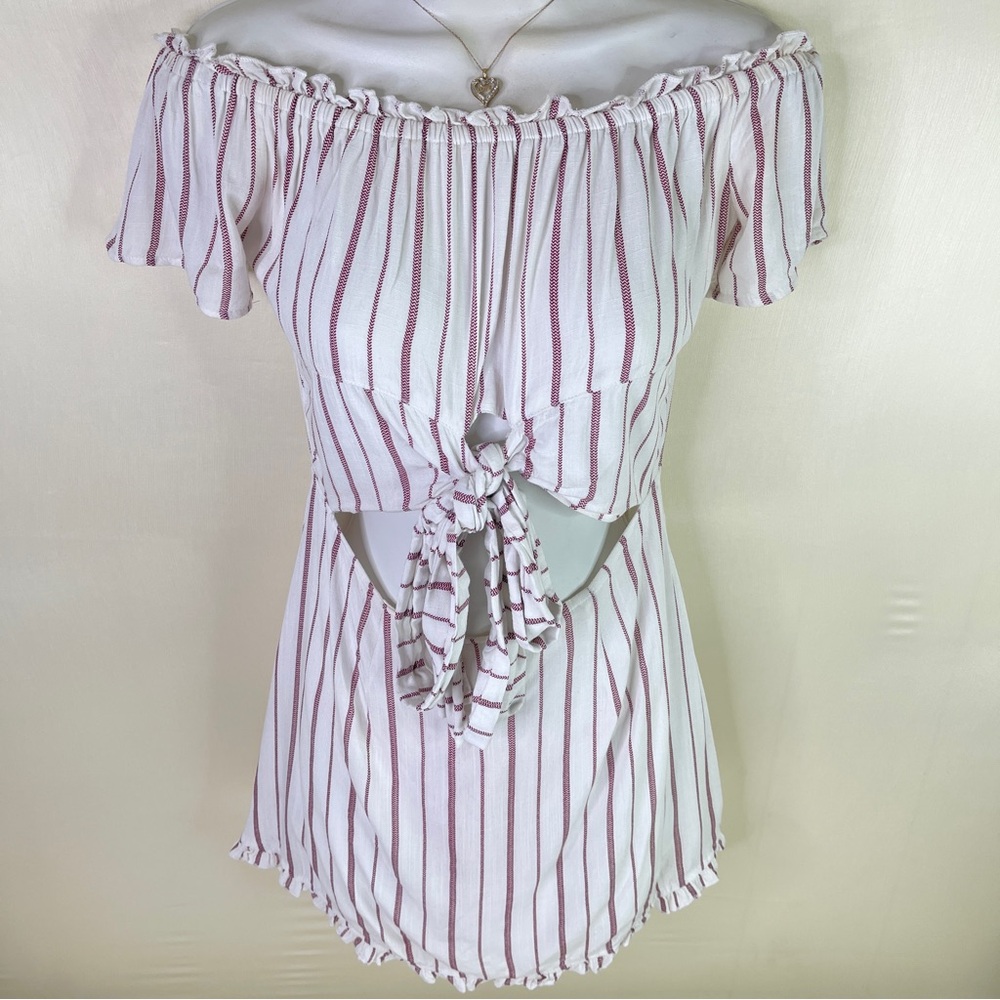 Skylar + Madison Striped Off-The-Shoulder Front-Tie Cutout Mini Dress S Small